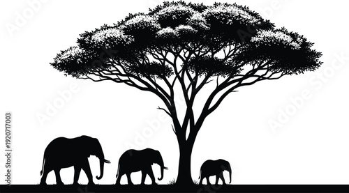 Elephant silhouette vector illustration, black white clipart of family group under tree nature design, wildlife artwork bundle for savanna themes