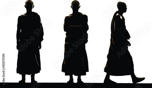 Monk silhouette vector set, black white clipart of robed spiritual figure standing walking meditation design, religious illustration artwork bundle
