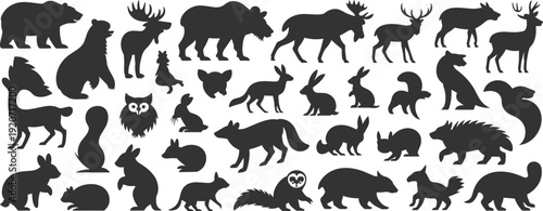 Wild forest animal silhouettes collection, bear deer moose fox wolf rabbit owl squirrel vector illustration isolated on white background clipart