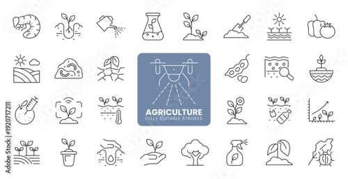 Agriculture and farming web line icon set with crops irrigation soil plant growth and organic cultivation concepts. Editable stroke