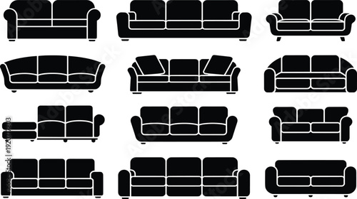 Sofa and couch silhouette collection, modern living room furniture black vector illustration set isolated on white background