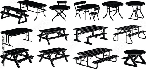 Outdoor picnic tables and park furniture silhouette set, wooden benches black vector illustration collection isolated on white