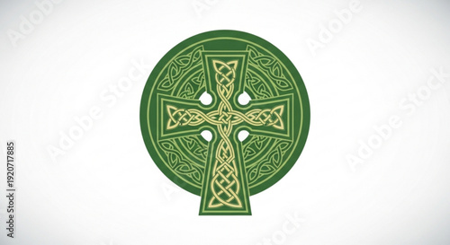 Celtic cross symbol with intricate knotwork design and green circle on white background