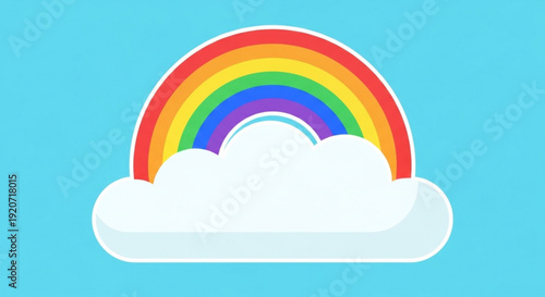Rainbow emerging from behind a white cloud on a blue background symbolizing hope and happiness in a minimalist design