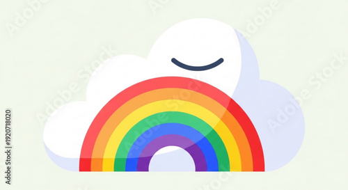 Smiling white cloud with colorful rainbow on light green background symbolizing happiness and optimism in a simple flat illustration style