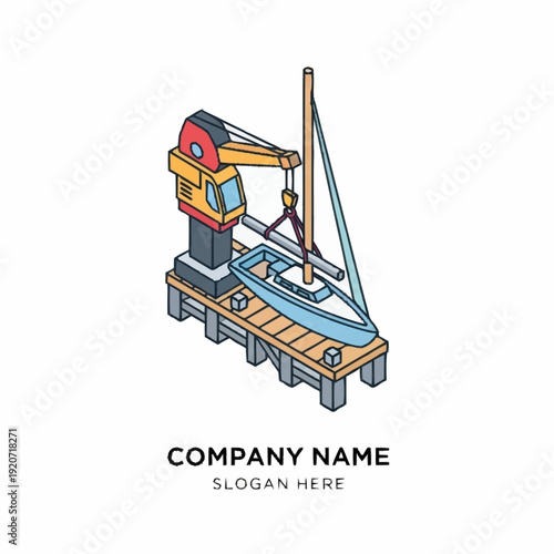 Colorful Crane Lifting Boat on Dock Illustration.