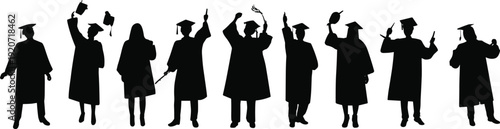 Graduation ceremony silhouette collection, students in cap and gown celebrating with diploma, black vector illustration set isolated background