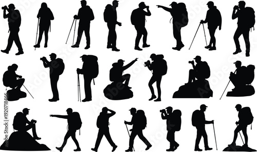 Hiker and photographer silhouette collection, backpackers trekking with poles and camera, black vector illustration set isolated background
