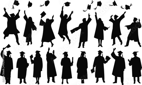 Graduation student silhouette collection with cap toss celebration diploma holding poses isolated black vector illustration set