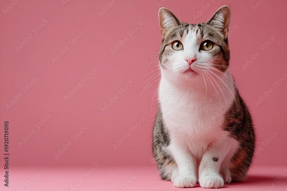 Obraz premium Minimal Studio Portrait Of A Whimsical Cat Sitting Perfectly On Pink Background