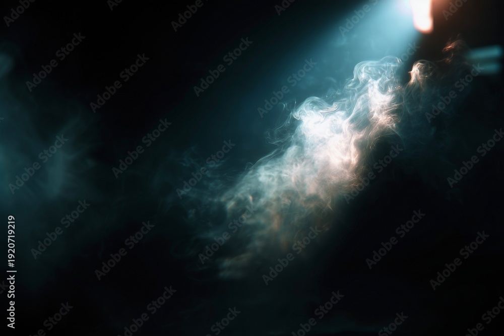 Obraz premium Abstract smoke formation illuminated by a beam of light creating a dramatic visual effect against a dark background in a studio setting
