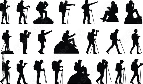 Photographer and hiker silhouette set with camera tripod backpack trekking poles outdoor adventure vector illustration collection isolated