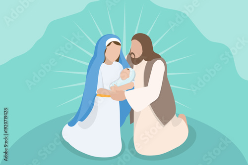 3D Isometric Flat Vector Illustration of Jesus Birth, Biblical Nativity Scene Featuring The Holy Family