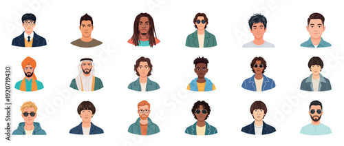 Diverse group of male avatars: young and adult caucasian, asian, african, hispanic