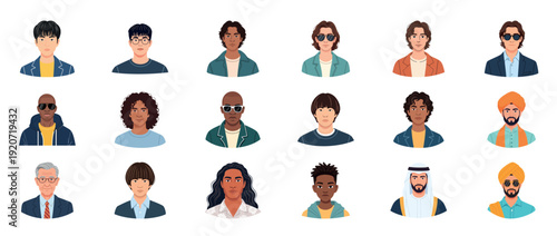 Diverse portraits: various genders, ethnicities, and ages illustrated on white background