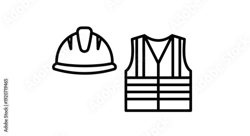 Simple line illustration of safety hard hat and reflective vest.