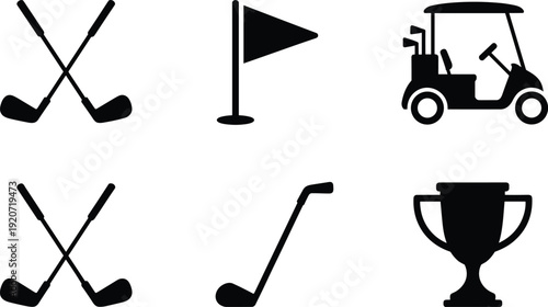 Golf icons set with crossed clubs, flag, cart, trophy and equipment black silhouette isolated vector illustration collection