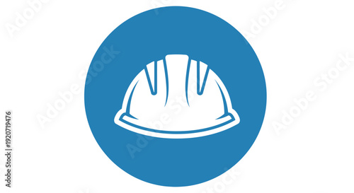 White hard hat icon on blue circular background.
