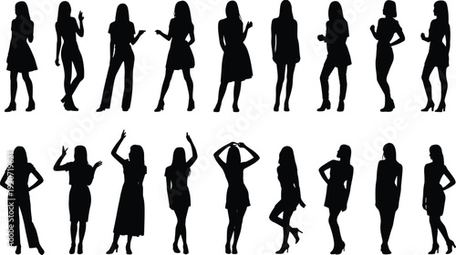 Stylish women silhouettes in elegant poses with high heels, fashion model female black isolated vector illustration collection set
