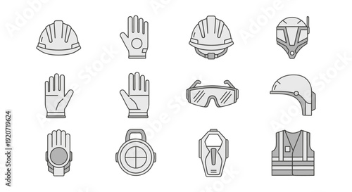 Set of safety equipment icons for construction and industrial use.