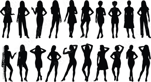 Elegant women silhouette collection in fashionable dresses and heels, stylish female poses black isolated vector illustration set