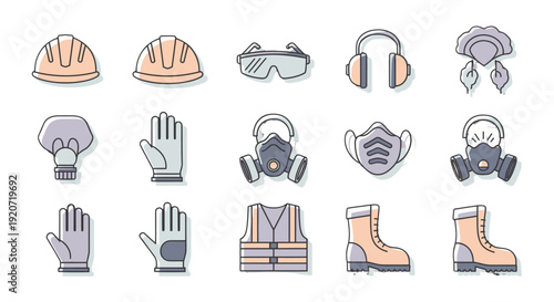 Set of safety equipment icons for workplace protection and industrial use.