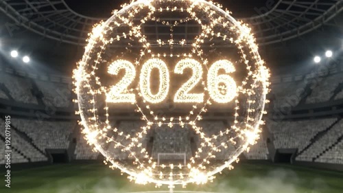 Futuristic reveal of the 2026 World Cup: Glowing digital soccer ball in stadium arena