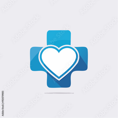 Symbolic graphic illustration of a blue medical cross intertwined with a white heart representing health and care