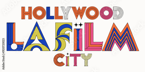 USA, US, U.S, United States - Hollywood LA Film City Typography Illustration with Colorful Artistic Letters and Creative Los Angeles Design
