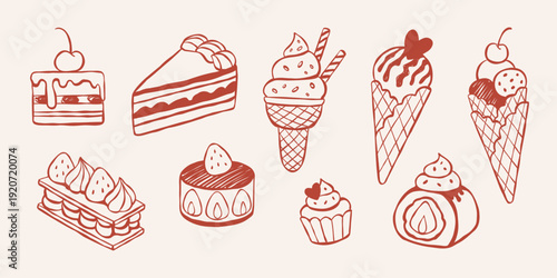 Hand-drawn vector collection of sweets and desserts. Ice-cream in waffle cones, cakes, cupcake, strawberry roll cake, mille-feuille. Line art illustration for menu, cafe advert, web or print.