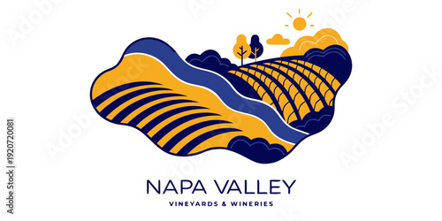 USA, US, U.S, United States - Napa Valley Vineyards and Wineries Illustration with Rolling Hills, Colorful Vineyard Rows, and Scenic Wine Country Design