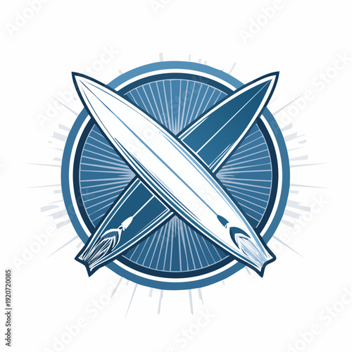 Retro Surfing Emblem Featuring Two Crossed Boards and Radial Burst Design