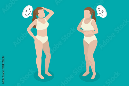 3D Isometric Flat Vector Illustration of Depilation, Young Lady Showcases Post-Salon Depilation And Laser Hair Removal Outcomes.