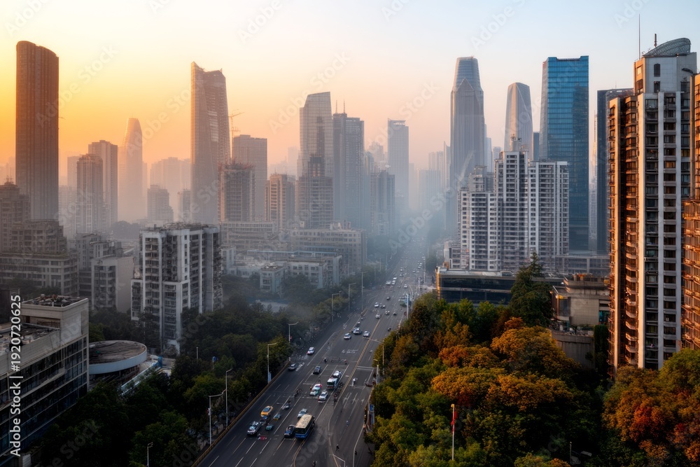 Fototapeta premium Urban landscape engulfed in dense smog from industrial pollution at sunrise