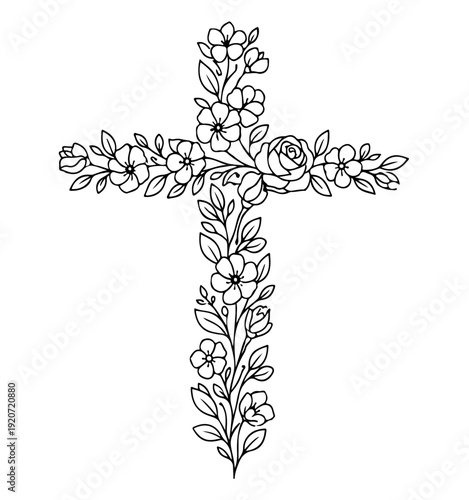 Floral Christian cross logo design with elegant rose and flower line art