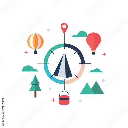 Flat design travel and adventure icons with compass and hot air balloons flying high