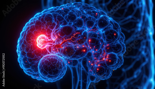 Illuminated representation depicts an affected area within a glowing cerebral structure against a dark background.