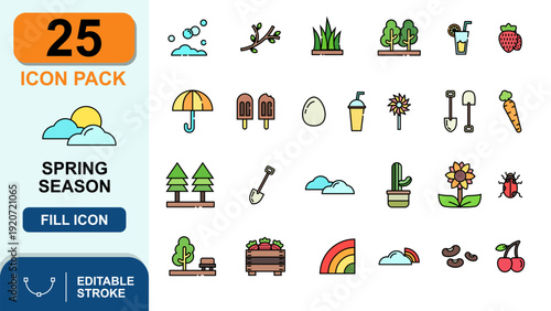 spring season icons, flower, garden, Color fill style, editable file.