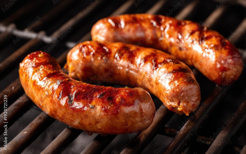 Fototapeta premium Grilled Sausages on Dark Grill with Smoky Texture and Delicious Glaze