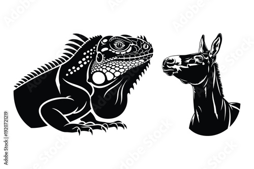 Iguana and Donkey Head Silhouette Isolated
