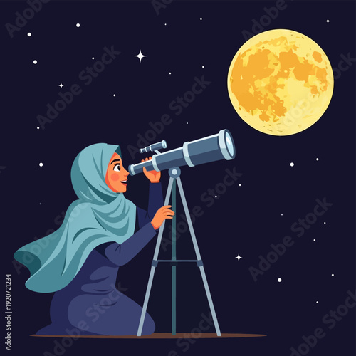 Woman Observing Moon Through Telescope.