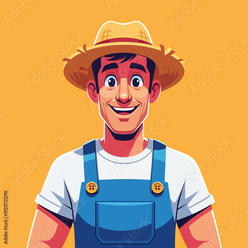 Smiling Farmer Wearing Straw Hat.