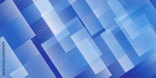 Abstract blue geometric background with translucent overlapping diagonal shapes. Modern abstract background featuring a dynamic composition of translucent blue and white diagonal rectangular shapes. 