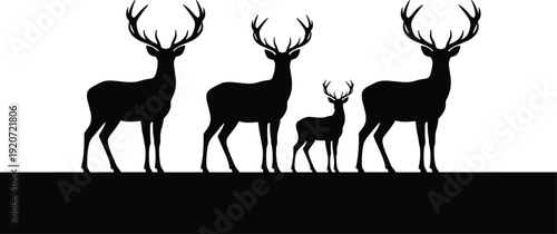 Deer family silhouette collection featuring majestic bucks with large antlers standing in a group for wildlife nature conservation forest landscape and hunting vector set