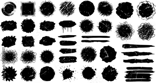 Black vector rough edge rectangles. Grunge square frames set. Jagged edge torn paper background collection. Paint brush strokes. Grungy distressed text boxes. Transparent background EPS version.