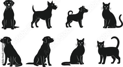 Domestic pet silhouette collection featuring various dog breeds and cats sitting and standing for veterinary clinic animal shelter nature design and pet care vector set