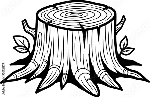 A black and white illustration of a tree stump
