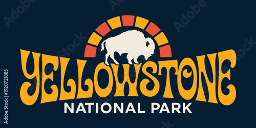 USA, US, U.S, United States - Yellowstone National Park Bison Illustration, Retro Sunset Wildlife Design, Vintage Outdoor Nature Art
