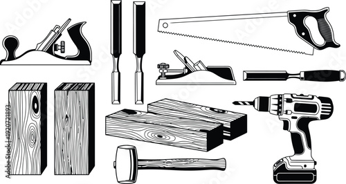 Assortment of essential woodworking tools and lumber pieces for carpentry projects