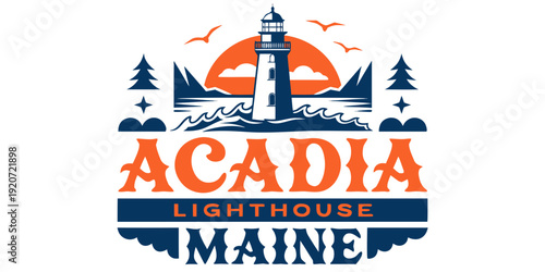 USA, US, U.S, United States - Acadia Lighthouse Maine Illustration, Coastal Nature Art, Bold Nautical Landscape Design
